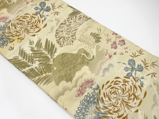 JAPANESE KIMONO / ANTIQUE MARU OBI / WOVEN KIKU & CRANE WITH UME